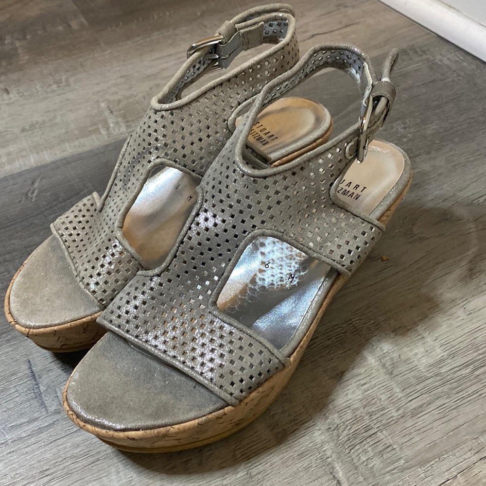 Stuart Weitzman Silver Cork Sandal Wedges
